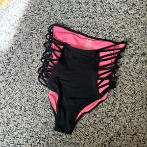PINK Victoria's Secret Black and Pink Strappy Bikini Bottom